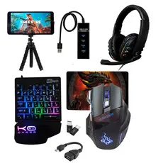 Kit Gamer Mobilador Completo Teclado One Hand + Mouse 2400DPI + Headset RGB + Hub 3.0 + Adaptador OTG p/ Celular Android