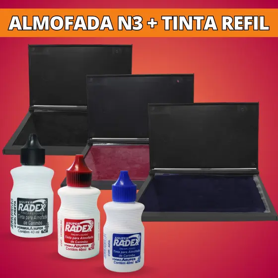 Kit Almofada N3 Para Carimbo Recarregável + Tinta Refil 40ml Alto Rendimento - Escolha A Cor