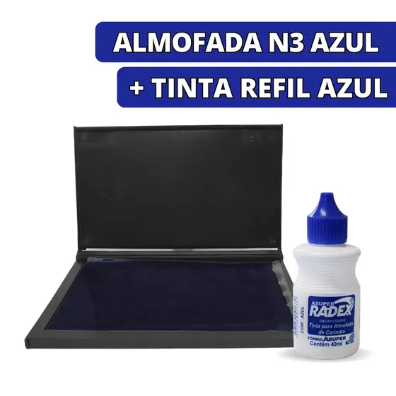 Kit Almofada Para Carimbo Carimbeira Média Azul + Tinta Refil 40ml Secagem Rápida