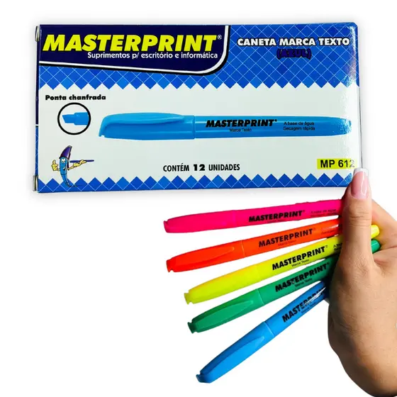 Kit Caixa C/ 12 Marca Texto Cor Azul Neon Masterprint Ponta Chanfrada Secagem Rápida