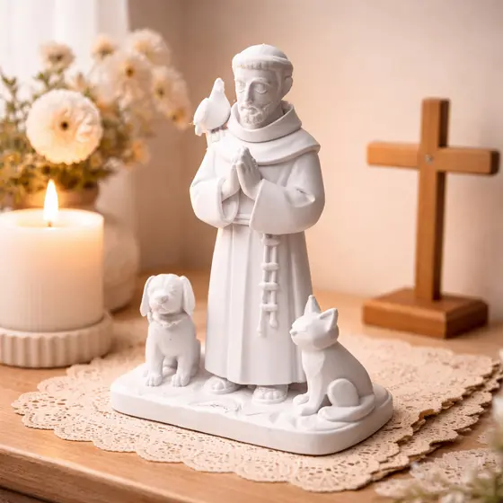 Escultura São Francisco com Animais  Decoração Religiosa Premium para Ambiente de Paz e Espiritualidade Feita em 3D