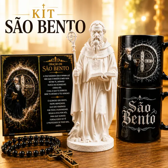 Kit São Bento 15cm com Caneca e Azulejo com Oração | Presente Católico para Altar e Decoração