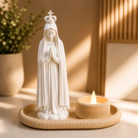 Kit Nossa Senhora de Fátima 15cm Imagem Religiosa Católica com Bandeja Porta Vela LED Cantinho de Oração Presente
