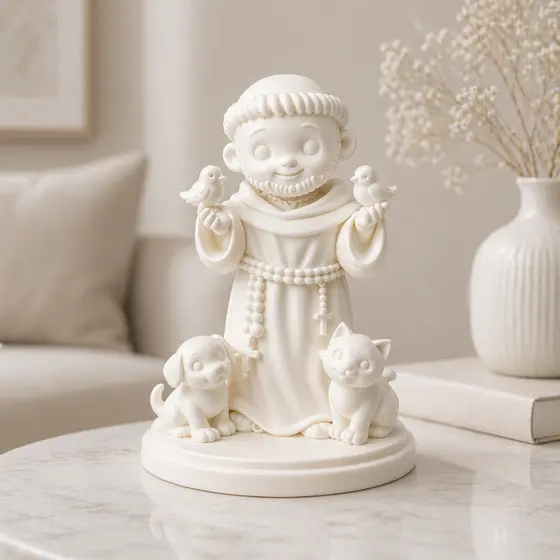 Escultura São Francisco Baby com Animais Decoração Religiosa, Proteção e Paz para o Lar