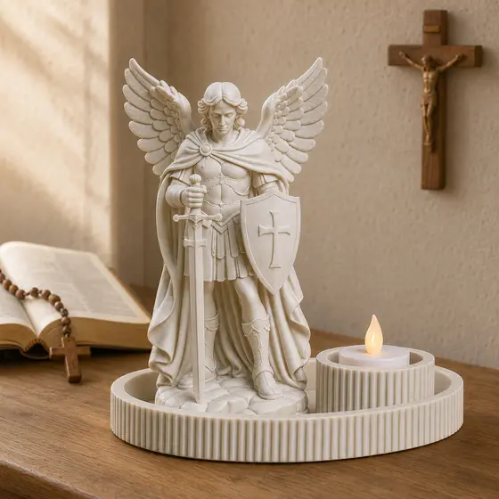 Kit São Miguel Arcanjo 15cm com Vela LED e Bandeja – Quaresma de São Miguel, Decoração e Presente Católico