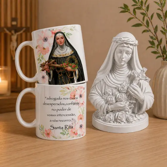 Escultura Decorativa Santa Rita de Cássia + Caneca Personalizada Religiosa Presente Católico Exclusivo Alta Qualidad