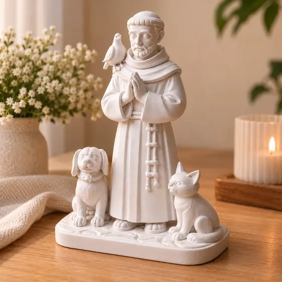 São Francisco de Assis com Animais Escultura Católica 15cm Imagem Religiosa para Altar Oratório Pets Presente