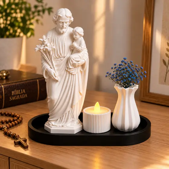 Kit São José com Menino Jesus 15cm Imagem Católica Escultura Religiosa Cantinho da Oração Oratório Presente de Fé