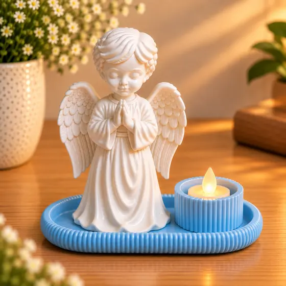 Kit Anjo da Guarda 10cm Católico com Bandeja Vela LED Cantinho de Oração Presente Religioso