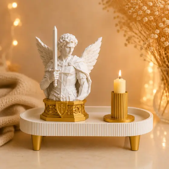 Kit São Miguel Arcanjo Cantinho da Oração Decoração Religiosa Católica Quaresma de São Miguel Busto Bandeja Porta Vela