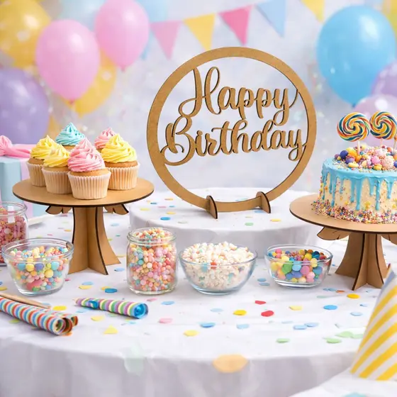 Painel Mesa Happy Birthday MDF 3mm Pegue Monte 2 Boleiras Decoração Festa Aniversário Infantil