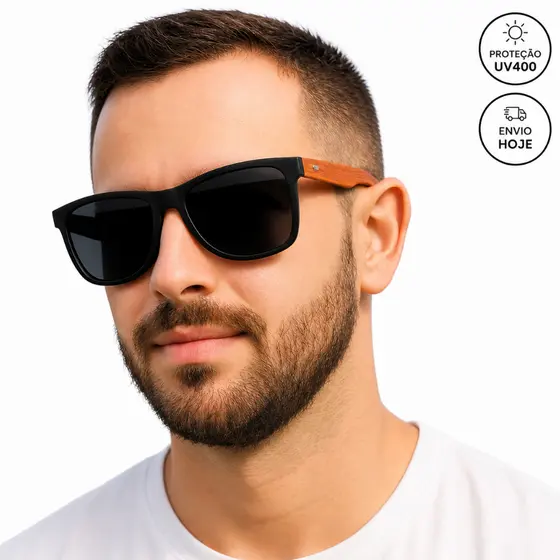 Óculos de sol de Madeira Bambu Premium Masculino Quadrado, Proteção UV400