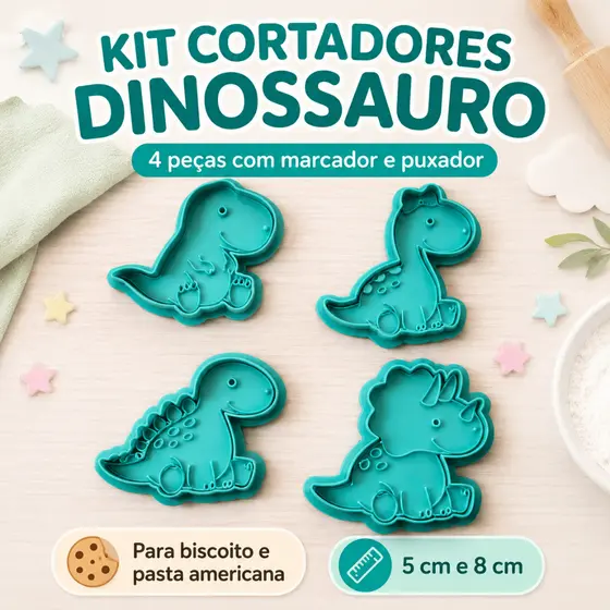 Kit Cortadores Dinossauro 4 Peças Premium com Marcador e Puxador - 5cm e 8cm