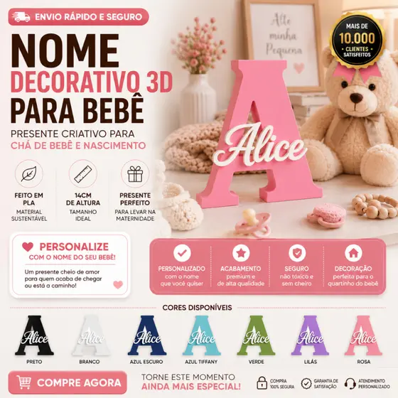 Nome Decorativo em 3D para Bebê – Presente Criativo para Chá de Bebê