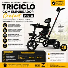 Triciclo Infantil com Empurrador Confort Preto Capota Pedal Passeio Seguro Resistente Premium