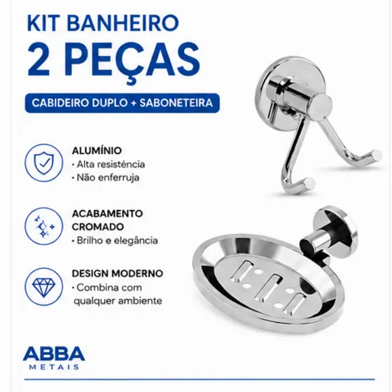 Kit  Acessório Para Banheiro Saboneteira e Cabide Duplo Gancho Inox