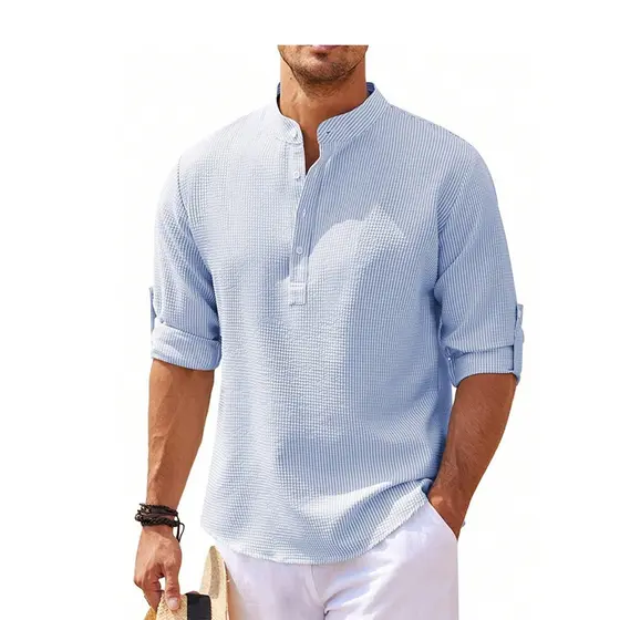 Bata Masculina Manga Longa Solta Waffle Com Colarinho Meio Botão