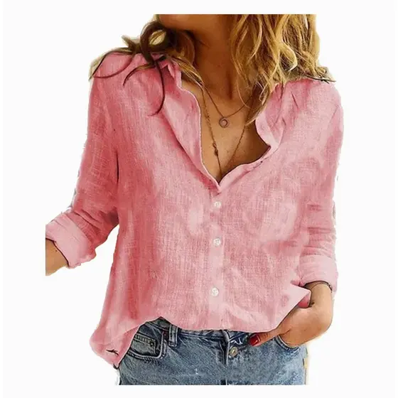 Blusa Camisa Feminina Manga Comprida Linho Algodão Solta Elegante Social Ideal para o Dia a Dia