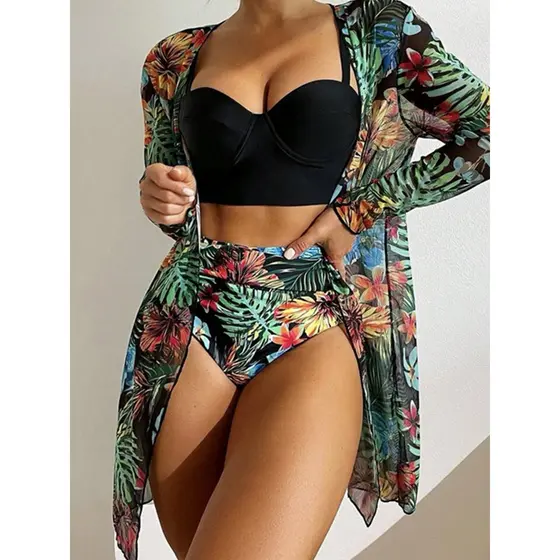 Conjunto de Maiô Biquíni Feminino+Saída De Praia Quimono