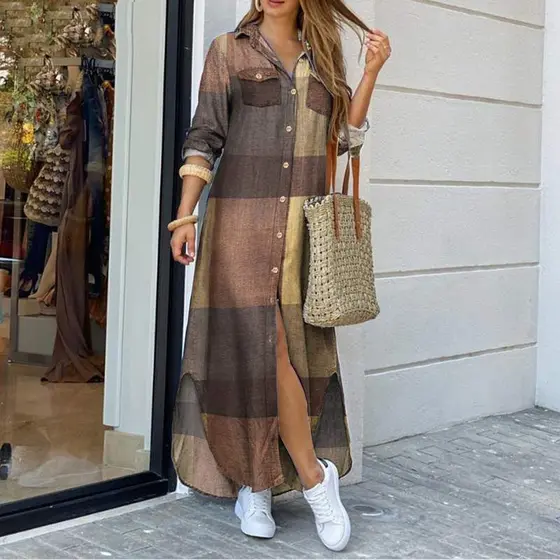 Vestido Camisa Solta Manga Longa Com Botão V De Manga E Estampa Casual Escritório Longos Para Novo