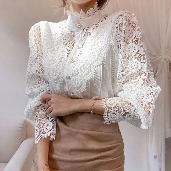Blusa Feminina De Renda Camisa De Escritório Com Branca Com Gola Redonda