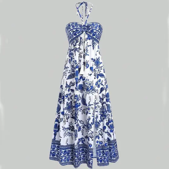Vestido Longo Feminino Floral Estilo Boêmio,Vestido Halter Estampado