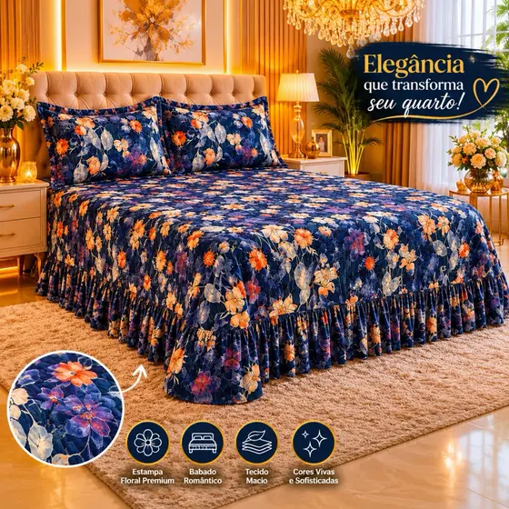 Kit Colcha Lençol com Babado Queen 3 Peças Micropercal Toque de Algodão 2,70 x 2,80m - Kit Completo com Fronhas
