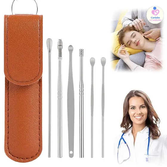 Kit de remoção de cera de ouvido portátil (6 peças) em aço inoxidável para uso diário