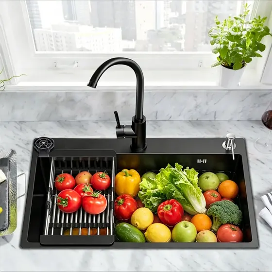 Kit Cuba Pia Cozinha Gourmet Premium Aço Inox Preto Com Torneira Lavador Copos E Acessórios