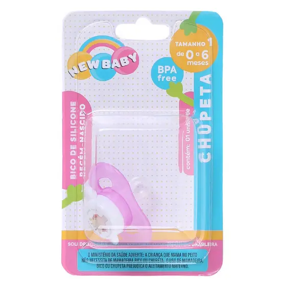 Chupeta Bebê New Baby Bico Reto Silicone Fase 1 Rosa