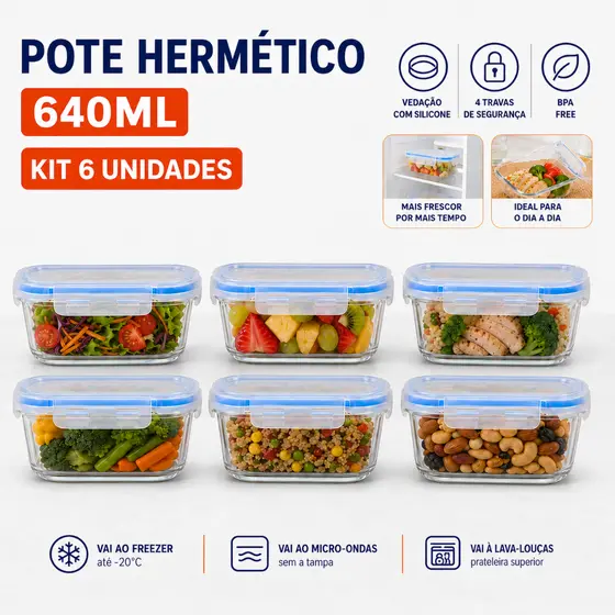 1, 2 ou 6 Pote Hermético 640ml Pote de Vidro Ideal para Micro-ondas Forno Freezer Tampa com 4 Travas
