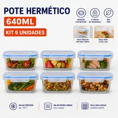 1, 2 ou 6 Pote Hermético 640ml Pote de Vidro Ideal para Micro-ondas Forno Freezer Tampa com 4 Travas