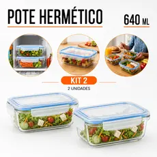 Kit 1 ou 2 Potes de Vidro Herméticos 640ml - Marmita Fitness Reutilizável - Tampa com 4 travas