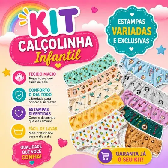 Kit 10 Calçolinhas Infantis em Malha Macia Confortável Calcinha Menina Divertida Kids Algodão