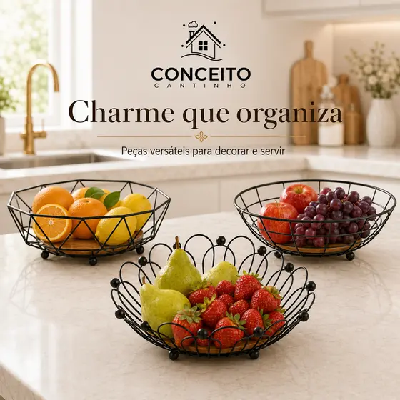 Fruteira de Mesa Acrílica Ferro com Bambu Bancada Cesta de Frutas Decorativa para Cozinha e Sala