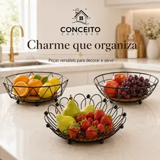 Fruteira de Mesa Acrílica Ferro com Bambu Bancada Cesta de Frutas Decorativa para Cozinha e Sala