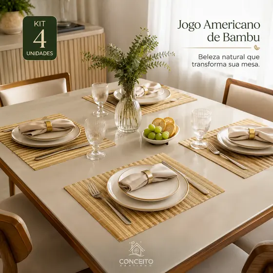 Kit 4 Peças Jogo Americano de Bambu Retangular Suplast, Souplast Para Mesa De Jantar