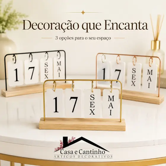 Calendário de Mesa Decorativo com Plaquinhas Preto Rose Dourado Permanente Escritório