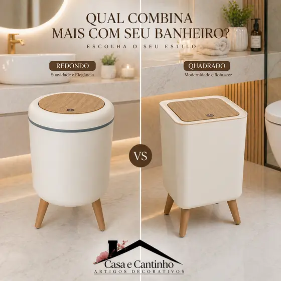 Lixeira Branca Redonda Plástico 9L Chanfrada Pés De Bambu e Tampa Click De Pressão Cozinha Banheiro