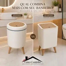 Lixeira Branca Redonda Plástico 9L Chanfrada Pés De Bambu e Tampa Click De Pressão Cozinha Banheiro