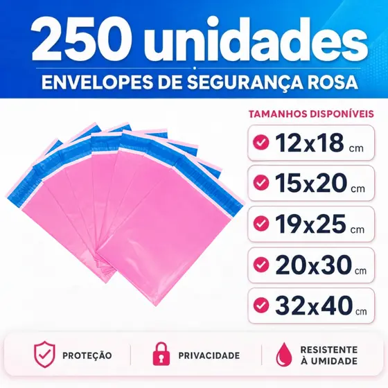Kit 250 Envelopes Segurança Rosa Embalagem De Envio 12x18 15x20 19x25 20x30 26x36 32x40