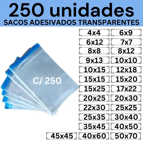 Kit 250 Sacos Adesivados Transparentes 8x12, 10x15 12x18 15x15 15x20 17x22 20x25 20x30 22x30 25x35 30x40 35x45 40x50