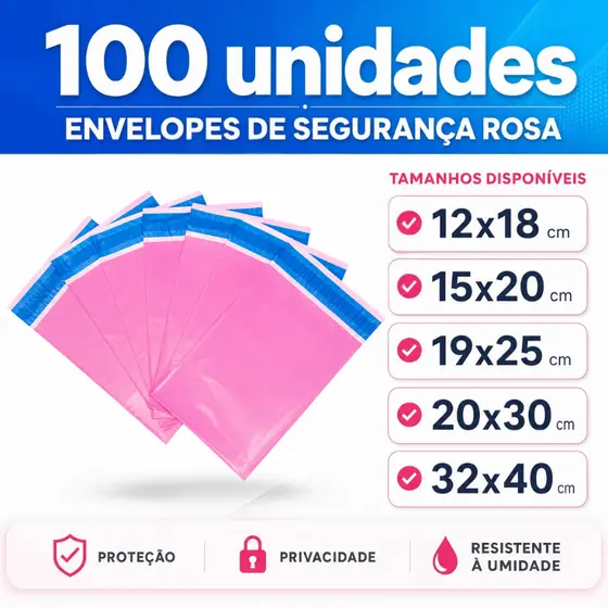Kit 100 Envelopes Segurança Rosa Embalagem De Envio 12x18 15x20 19x25 20x30 26x36 32x40