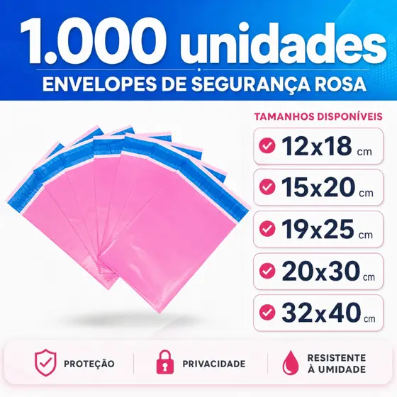 Kit 1000 Envelopes Segurança Rosa Embalagem De Envio 12x18 15x20 19x25 20x30 26x36 32x40