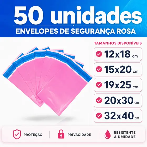 Kit 50 Envelopes Segurança Rosa Embalagem De Envio 12x18 15x20 19x25 20x30 26x36 32x40