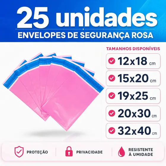 Kit 25 Envelopes Segurança Rosa Embalagem De Envio 12x18 15x20 19x25 20x30 26x36 32x40