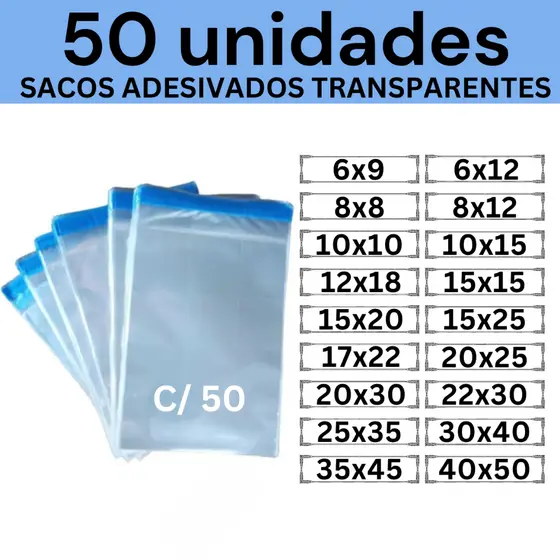 Kit 50 Sacos Adesivados Transparentes 9x13 10x10 10x15 12x18 15x15 15x20 15x25 17x22 20x25 20x30 22x30 30x40 35x45 40x50
