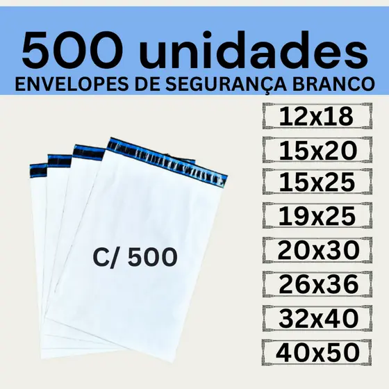 Kit 500 Envelopes Segurança Branco Coex Embalagem De Envio 12x18 15x20 19x25 20x30 26x36 32x40 40x50 50x60 80x60