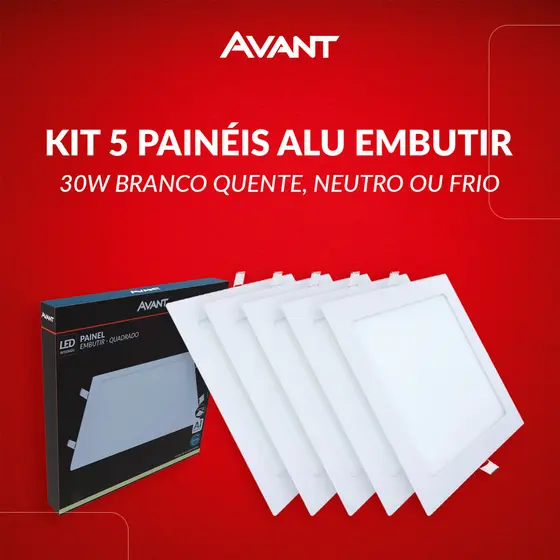 Kit 5 Painel Led Aluminio Quadrado 30w 3000k/4000k/6500k Branco Quente/Neutro/Frio 110v/220v Bivolt Branco Avant