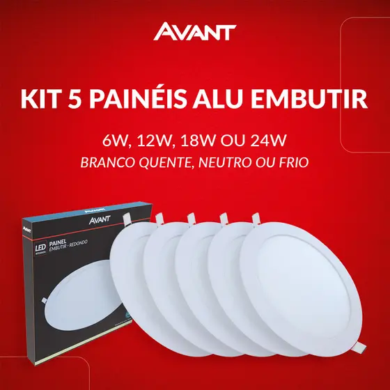 Kit 5 Painel Led Aluminio Redondo Embutir 6w 12w 18w 24w Branco Quente/Neutro/Frio 110v/220v Bivolt Branco Avant